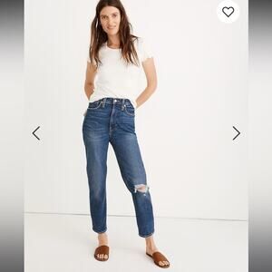 Madewell The Mom Jean Ripped Raw Hem Straight Leg Denim.